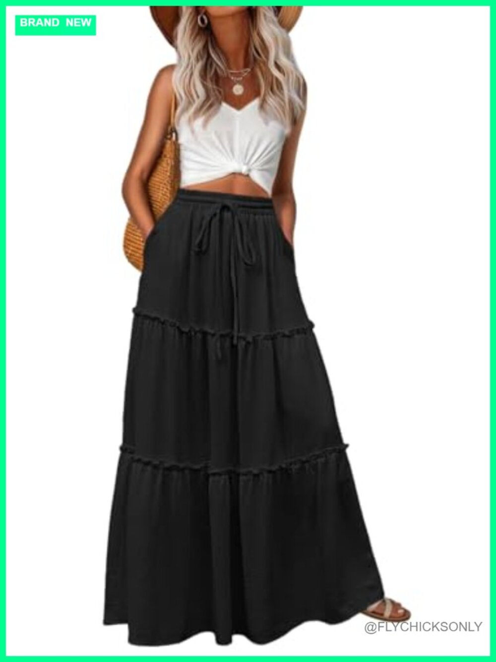 Boho High Waisted Flowy Maxi Skirt Tiered Floral with Pockets Summer Beach